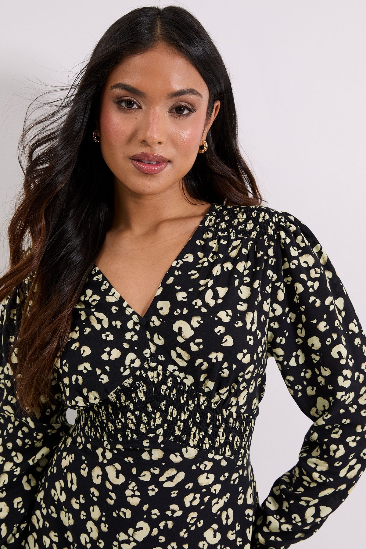 Dorothy Perkins Petite Yellow Animal Shirred Waist Button Detail Midi Dress Yellow image 4