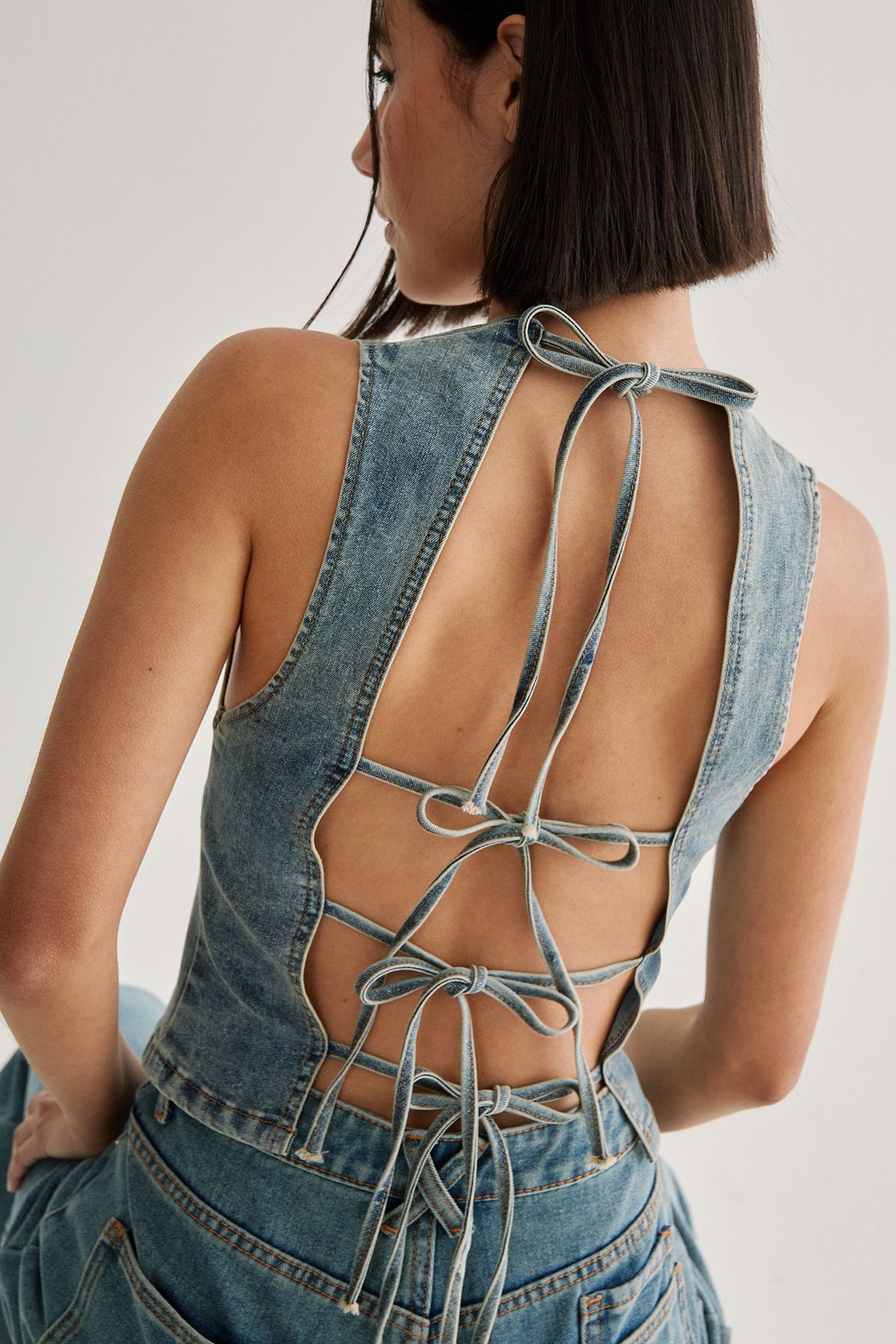 NastyGal Denim Lace Back Top Vintage Wash image 3
