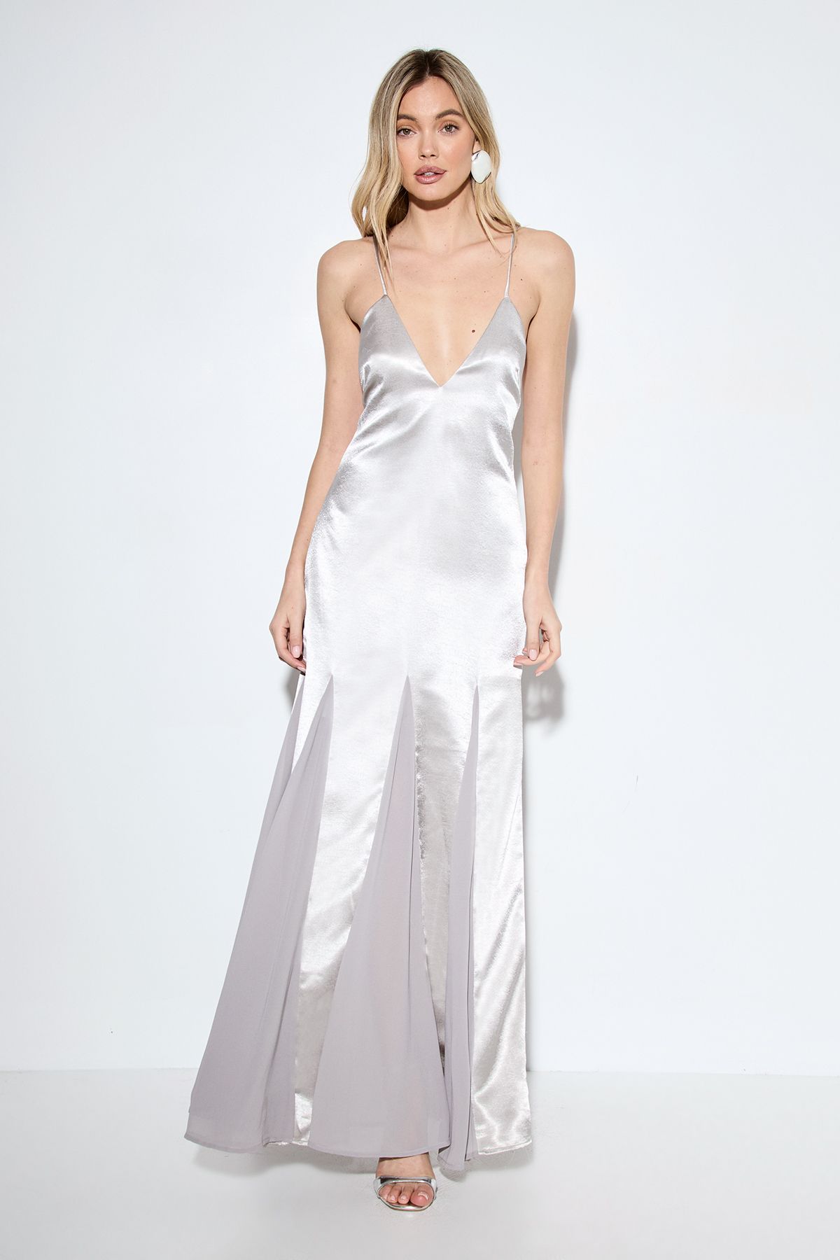 MissPap Premium Satin Georgette Panel Midaxi Bridesmaid Dress Silver image 1