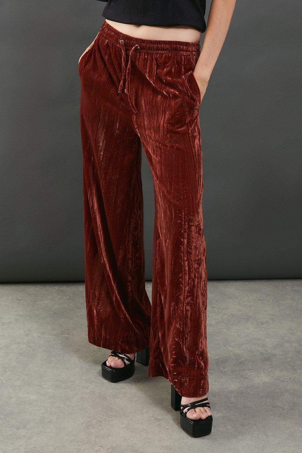 Warehouse Premium Crushed Velvet Drawstring Trouser Rust
