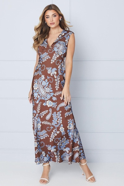 Oasis Occasion Petite Satin Open Back Maxi Dress Chocolate