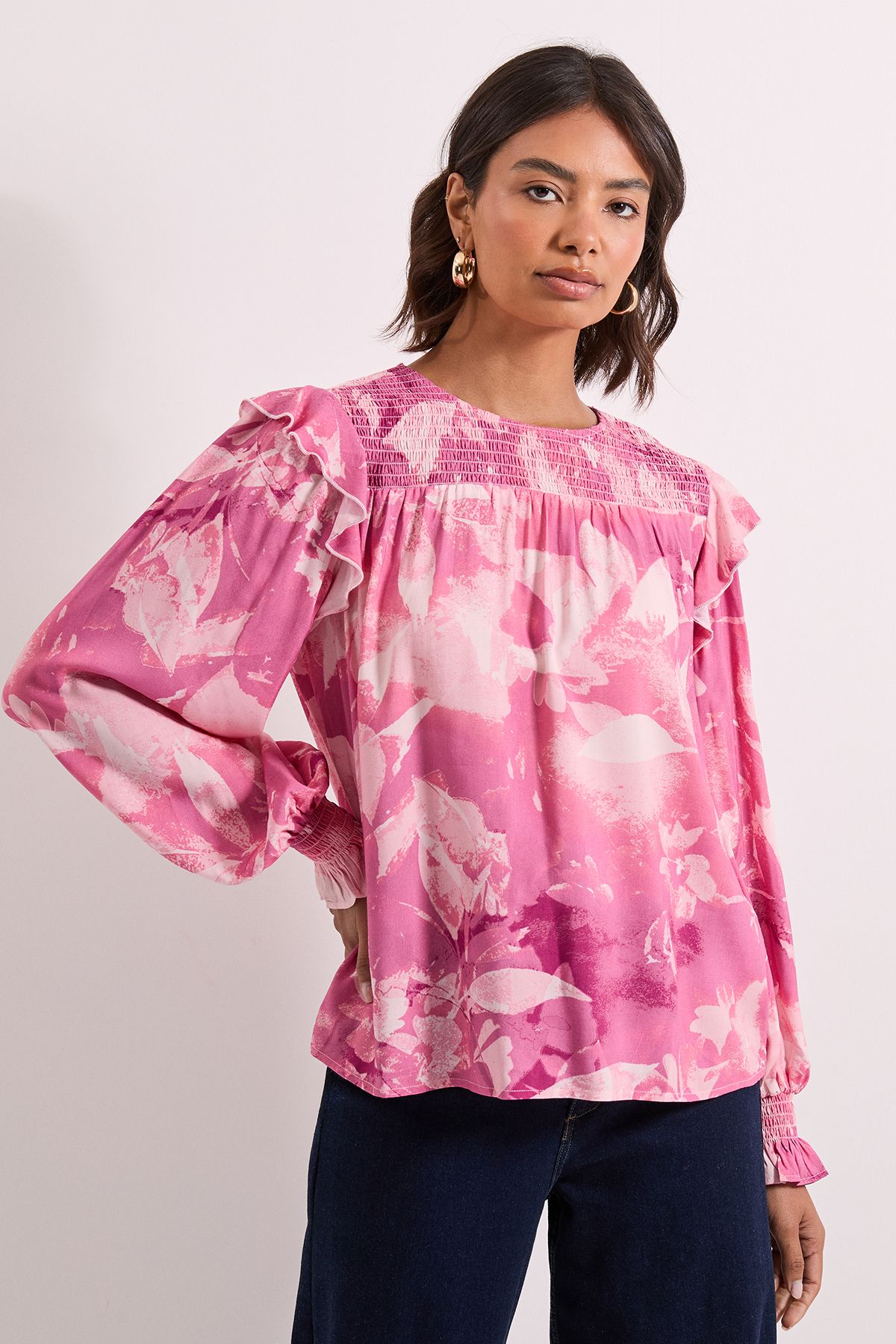 Dorothy Perkins Pink Floral Shirred Yoke Frill Detail Top Pink image 1