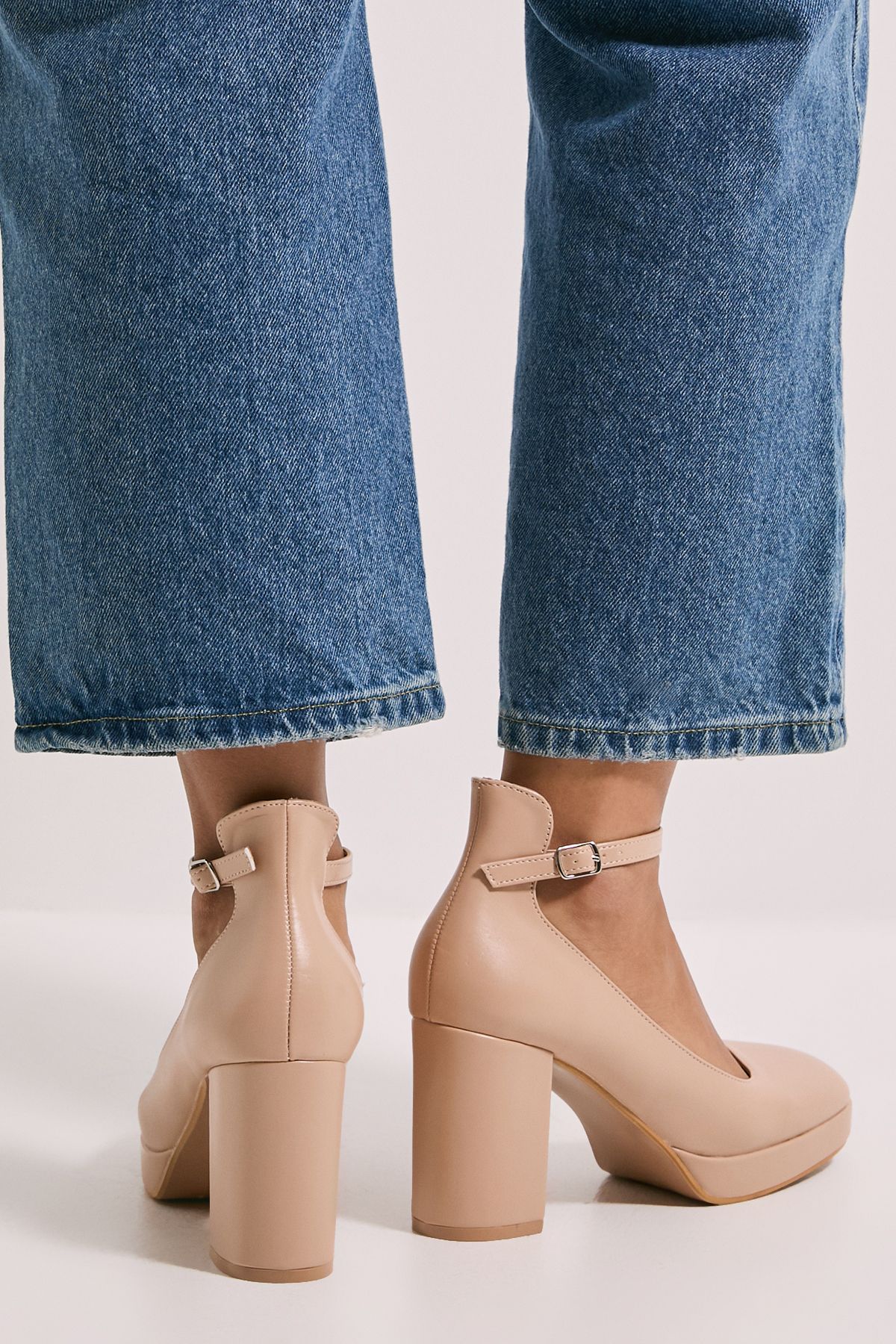 Dorothy Perkins Vanessa Faux Leather Platform Ankle Strap High Block Heel Court Shoes Beige image 3