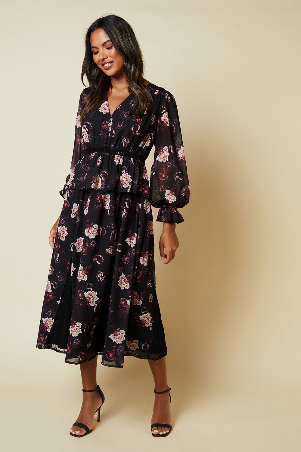 Dorothy Perkins Floral Lace Skirt Long Sleeve Midi Dress Black image 1