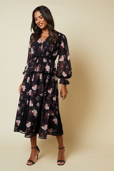 Dorothy Perkins Floral Lace Skirt Long Sleeve Midi Dress Black