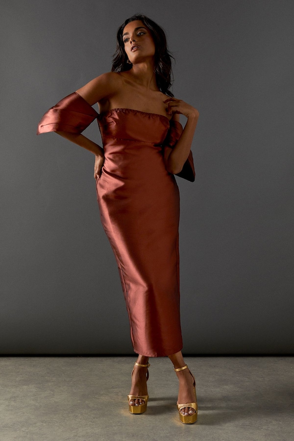 Warehouse Structured Puff Sleeve Bardot Midi Dress Chocolate