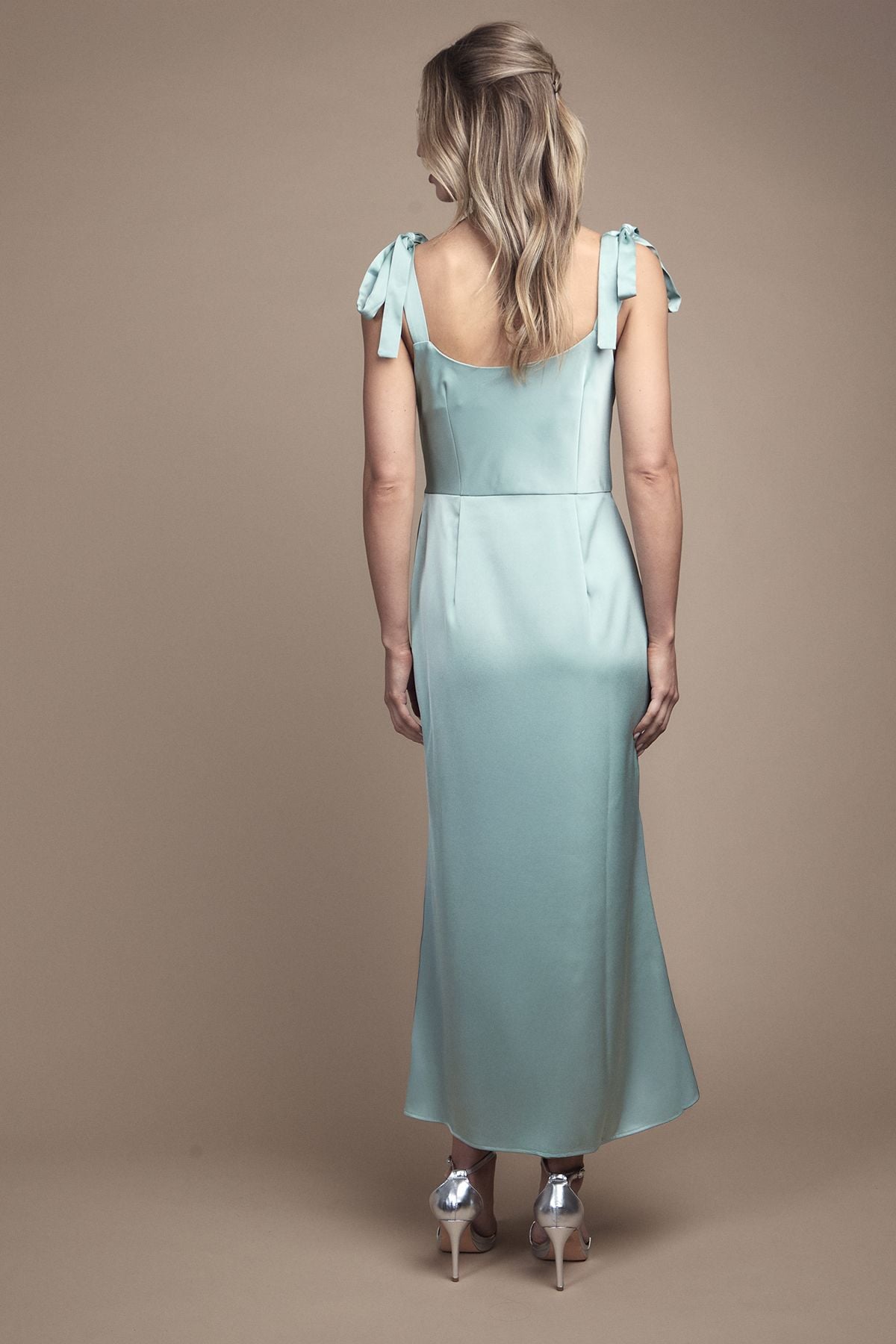 Oasis Satin Tie Shoulder Cowl Front Midi Bridesmaid Dress Sage image 3
