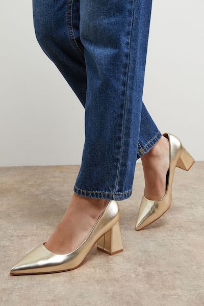 Oasis Val Faux Metallic Leather Pointed High Block Heel Courts Gold