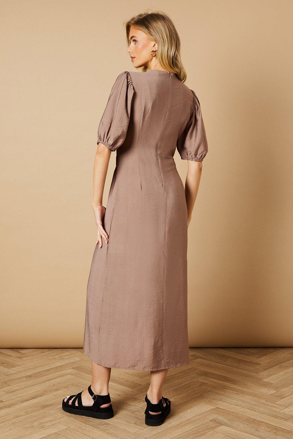 Oasis Shirred Bodice Puff Sleeve Midi Dress Stone image 3