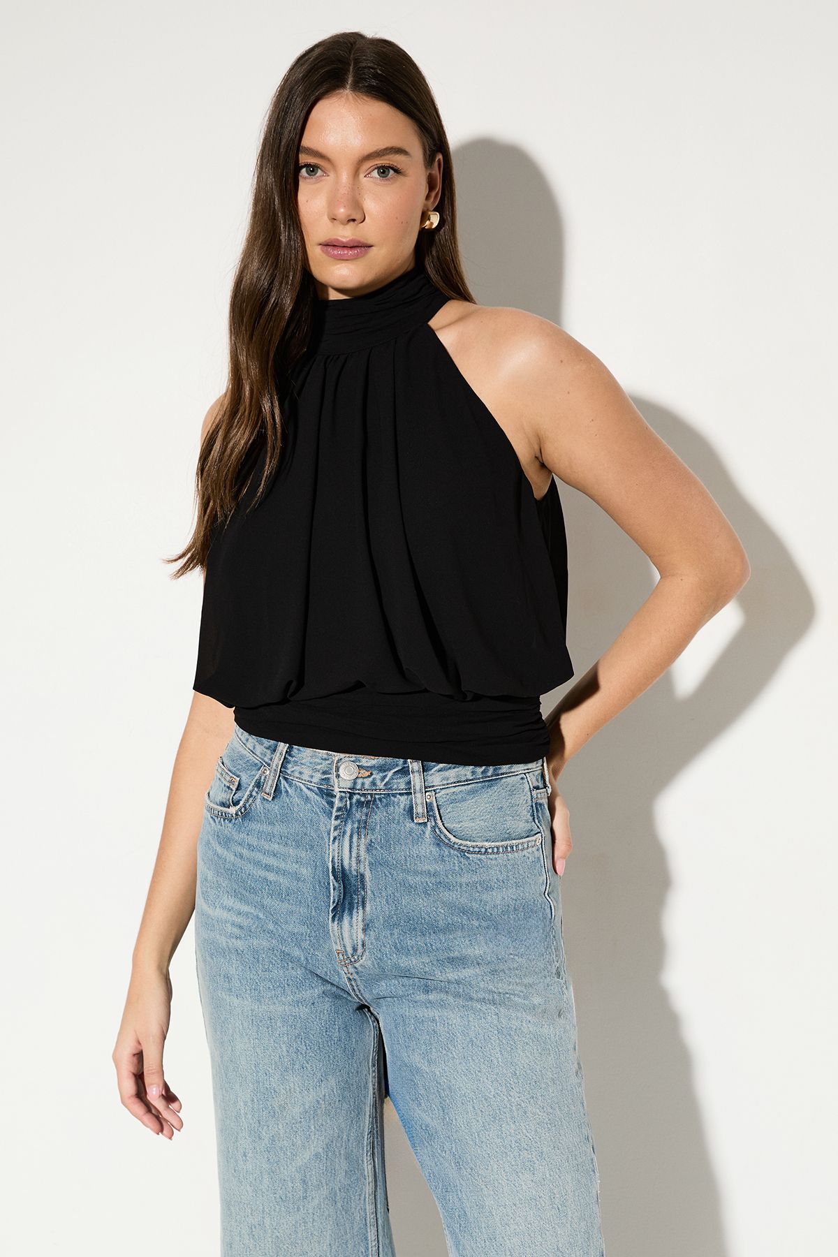 MissPap Premium Chiffon Scarf Neck Top Black