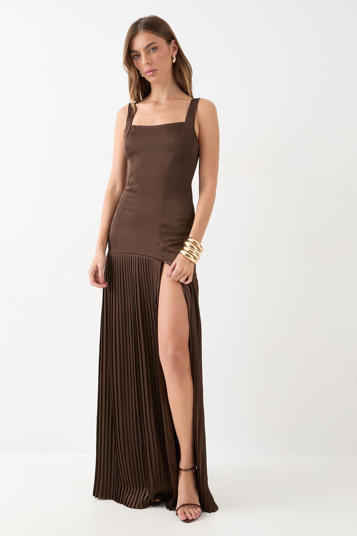 MissPap Premium Satin Square Pleated Skirt Bridesmaid Dress Chocolate image 1