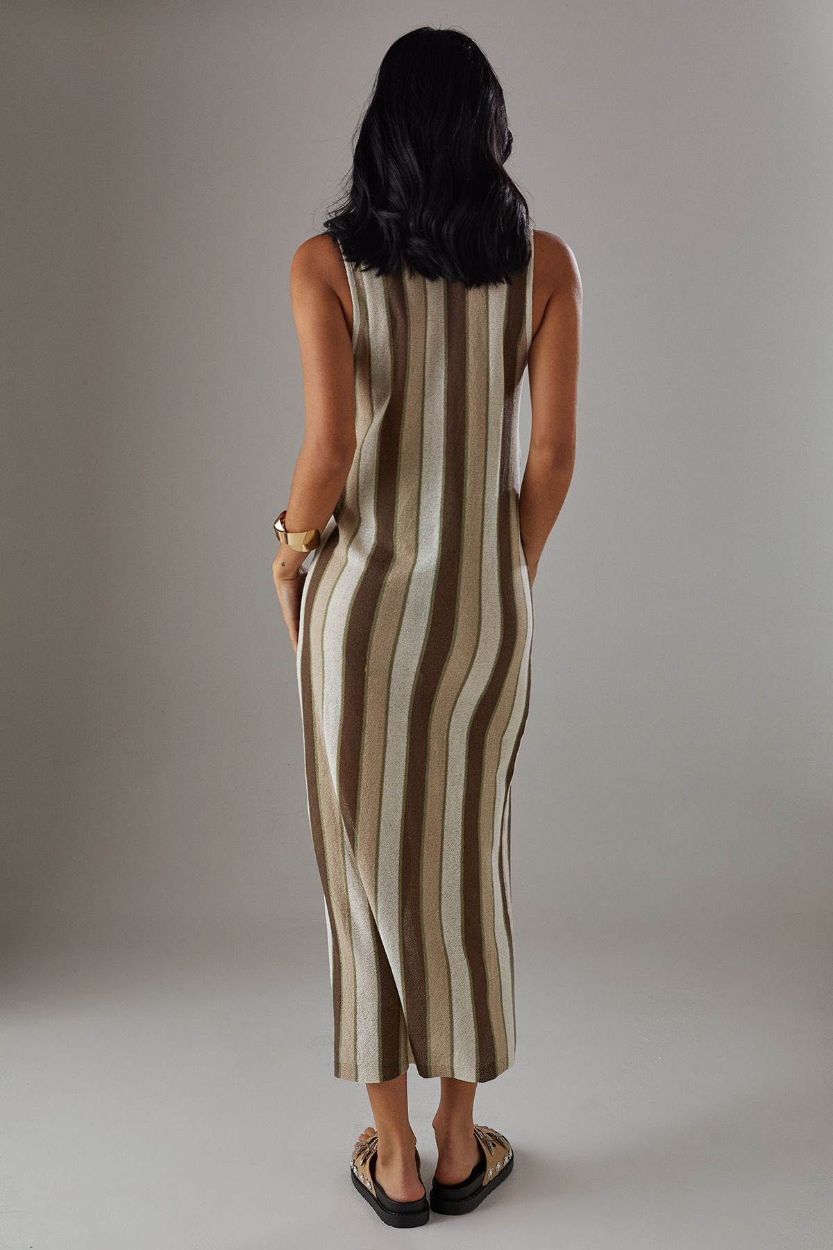 Warehouse Striped Tie Keyhole Knitted Midi Dress Multi image 3