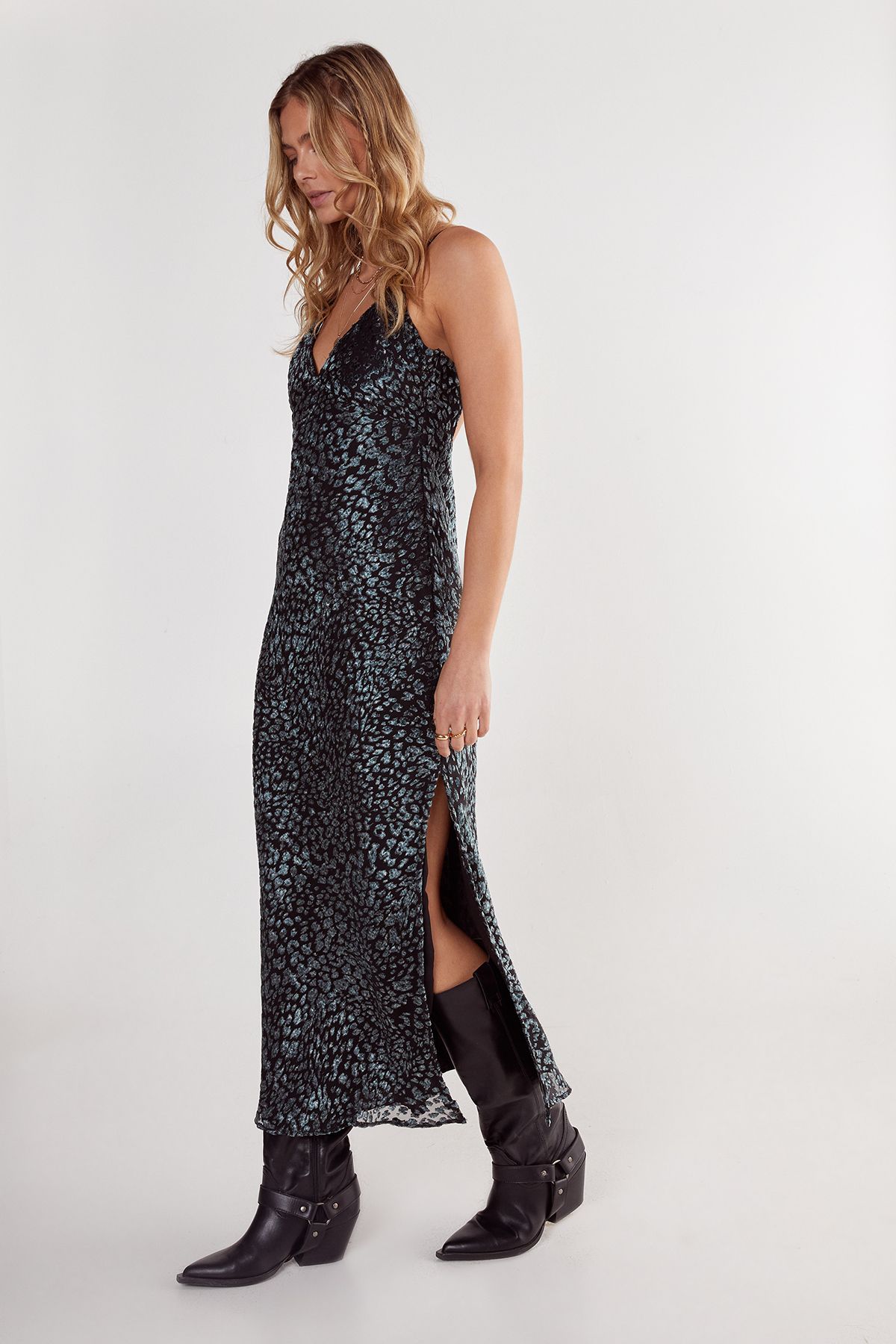 NastyGal Animal Devore Tie Back Split Leg Maxi Slip Dress Blue image 3