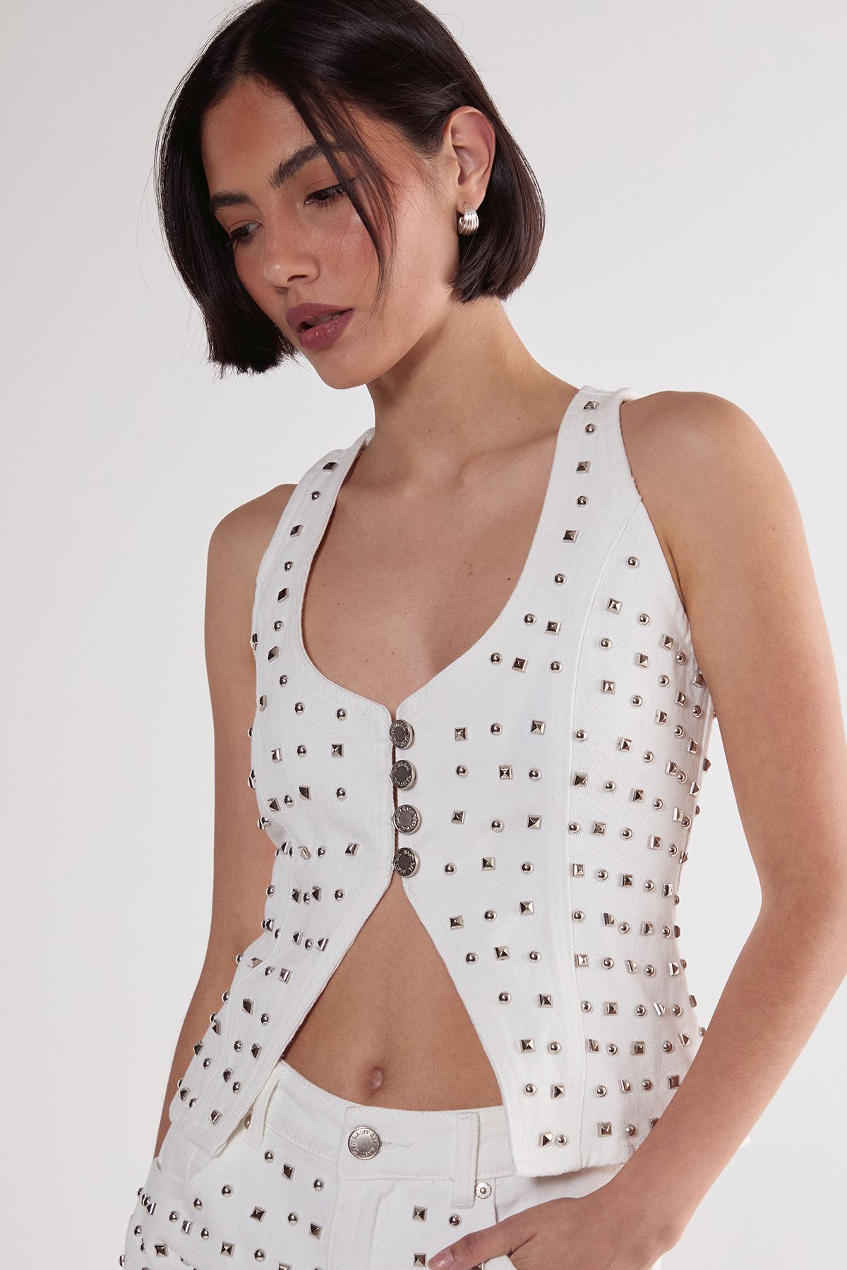 NastyGal Studded Denim Corset Top White image 1