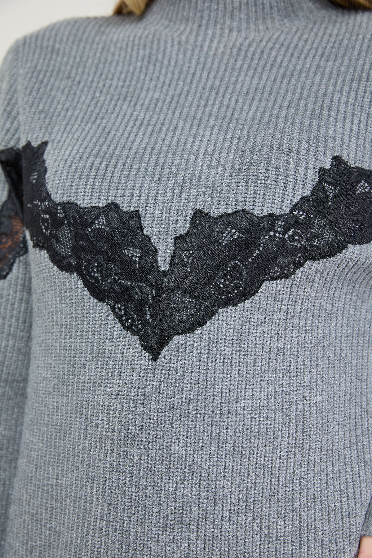 Oasis Contrast Lace Stitch High Neck Knitted Mini Dress Grey image 5