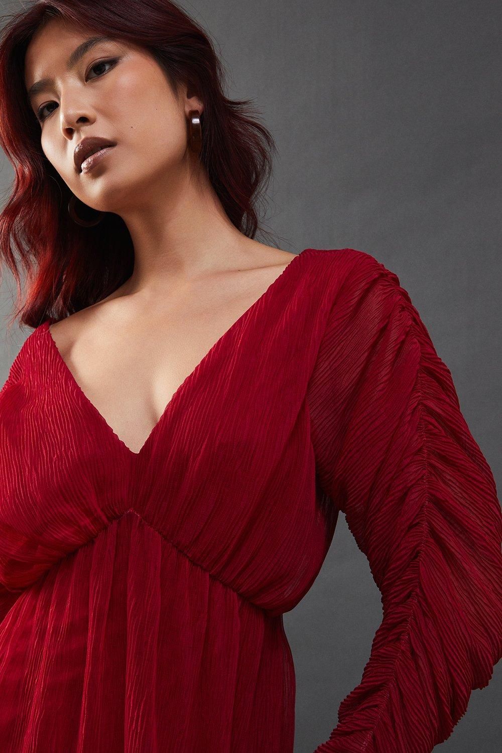 Warehouse Micro Pleat Batwing Midi Dress Hot Pink image 2