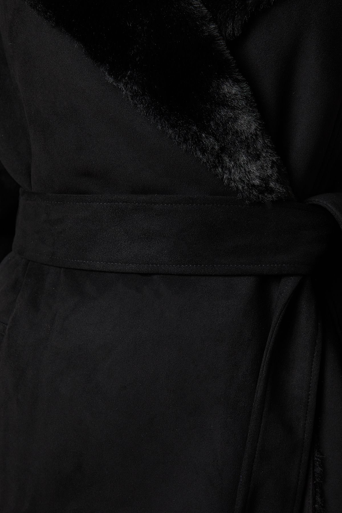 Oasis Fur Lined Belted Suedette Coat Black image 5