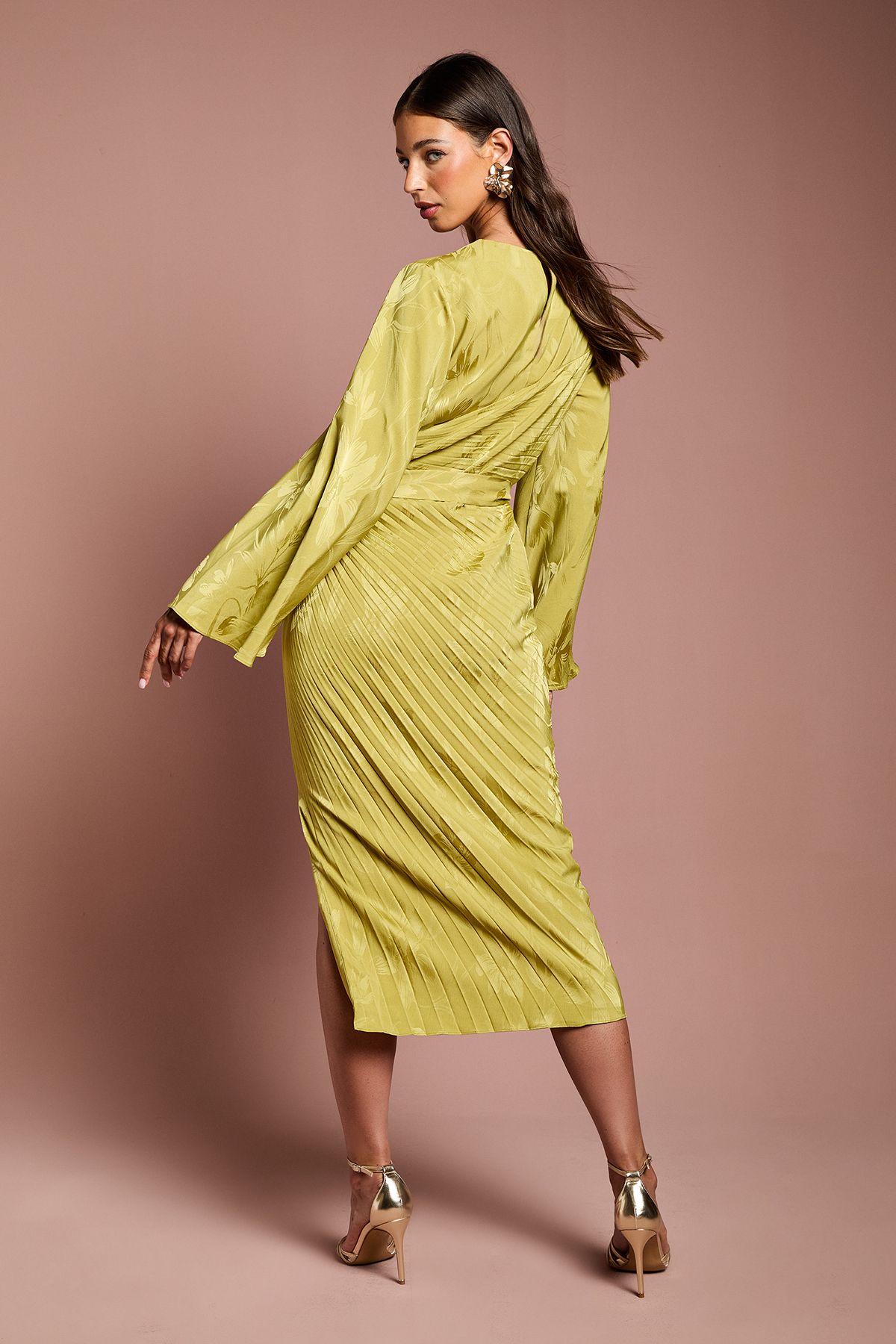 Coast Long Flare Sleeve Pleated Jacquard Midi Dress Olive image 4