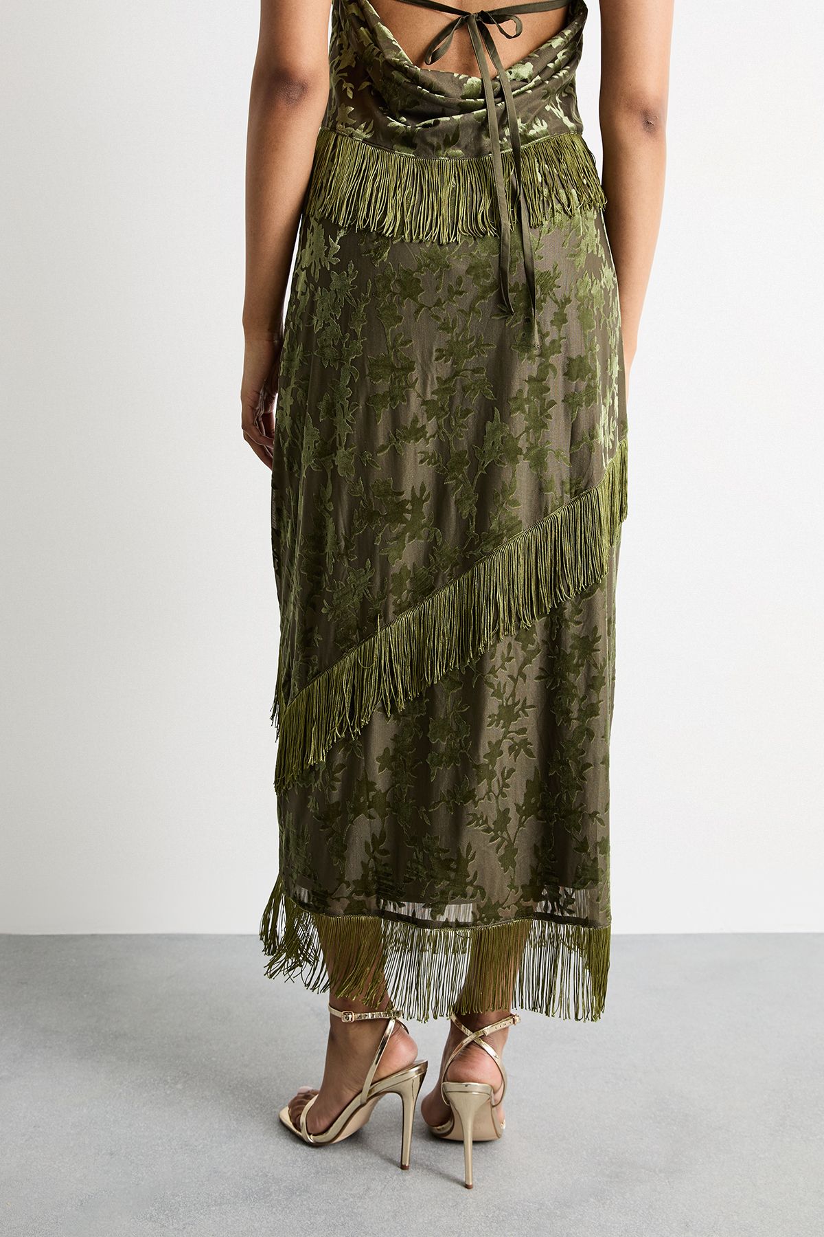Warehouse Devore Fringe Detail Midi Skirt Khaki image 3