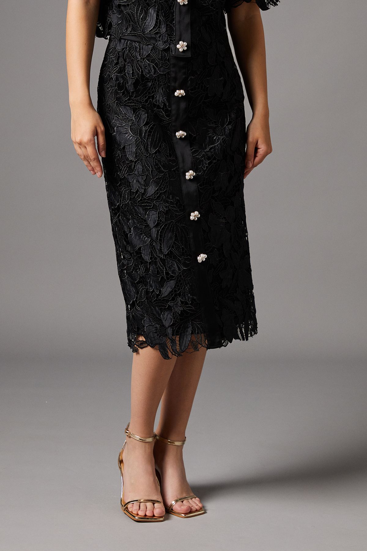 Coast Lace Pearl Button Pencil Skirt Black image 2