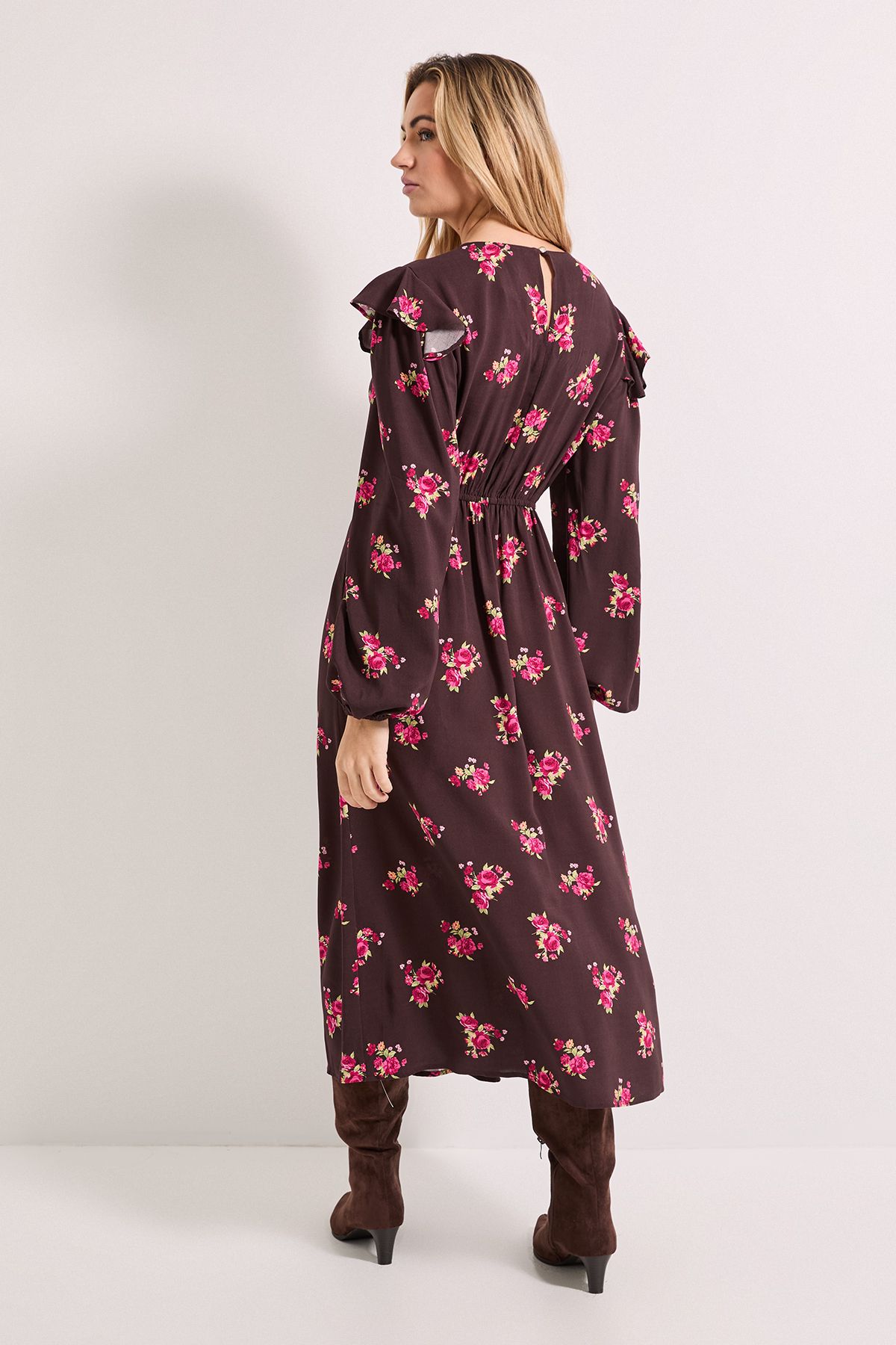 Dorothy Perkins Chocolate Ditsy Contrast Bow Detail Frill Printed Midaxi Dress Chocolate image 3