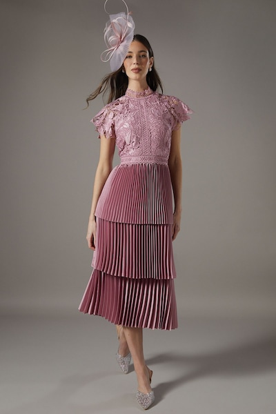 Coast Satin Lace Tiered Dress Rose