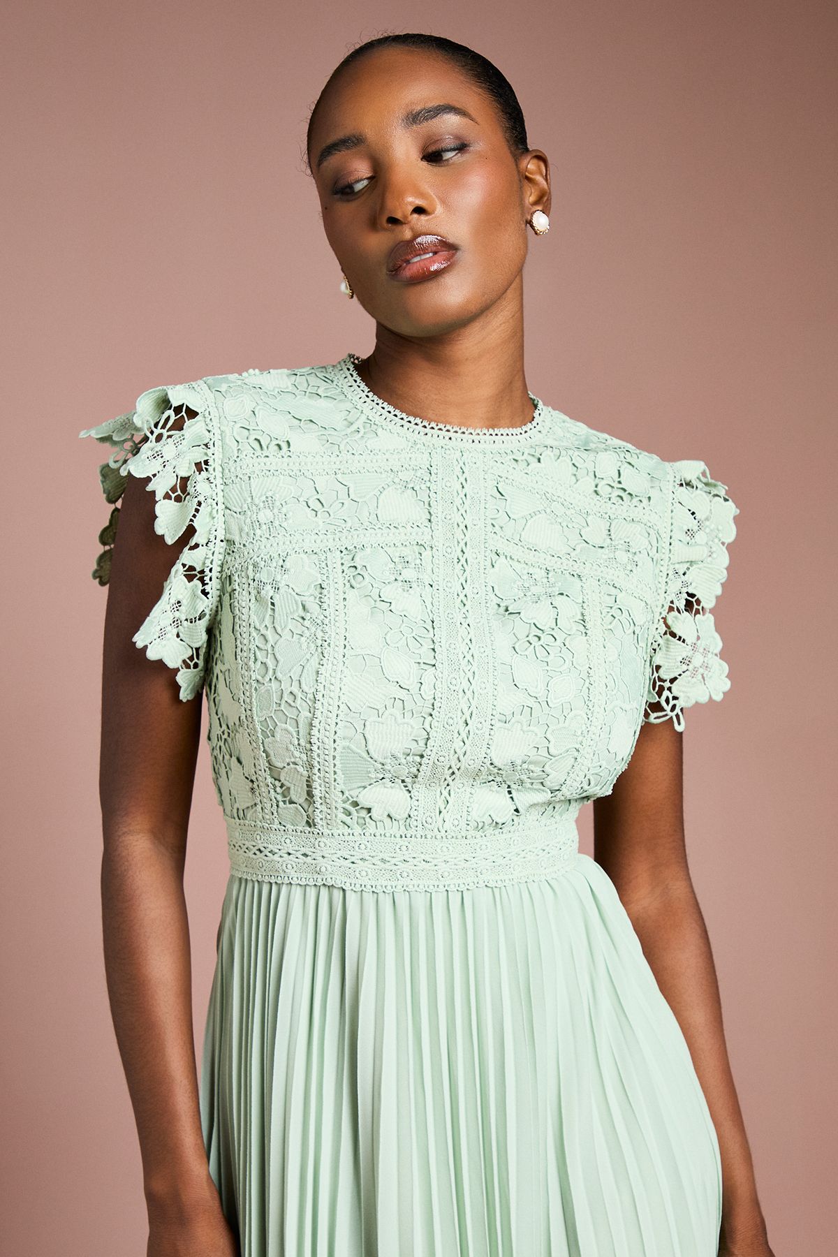 Coast Flutter Sleeve Lace Top Pleated Skirt Midi Dress Sage image 2