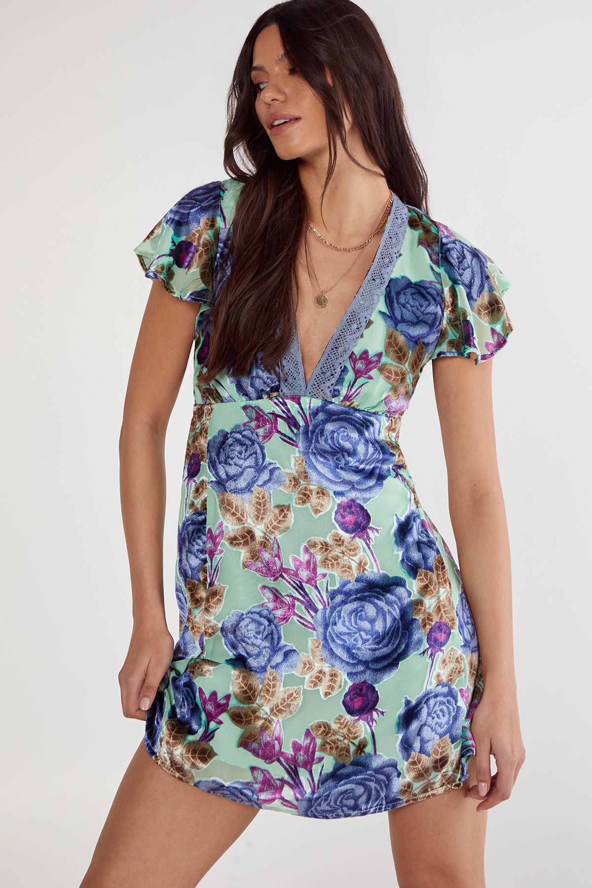 NastyGal Floral Devore Lace Trim Cut Out Back Mini Dress Mint image 1