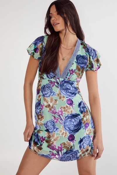 NastyGal Floral Devore Lace Trim Cut Out Back Mini Dress Mint