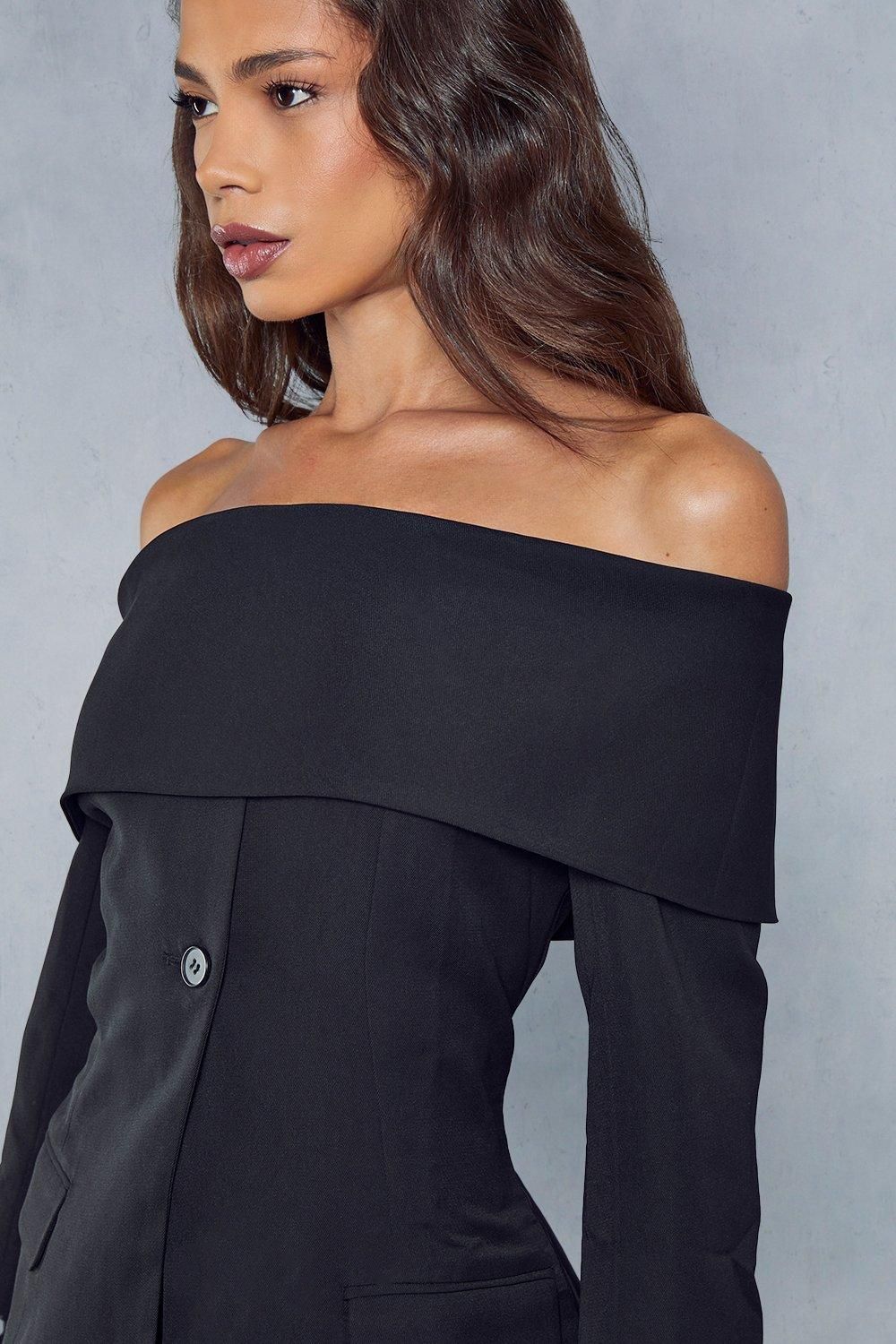 MissPap Tailored Bardot Fitted Blazer Top Black image 6