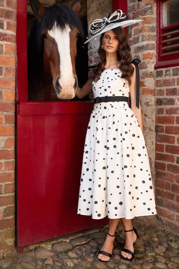 Coast Lisa Tan Mono Spot Bow Detail Midi Dress Mono