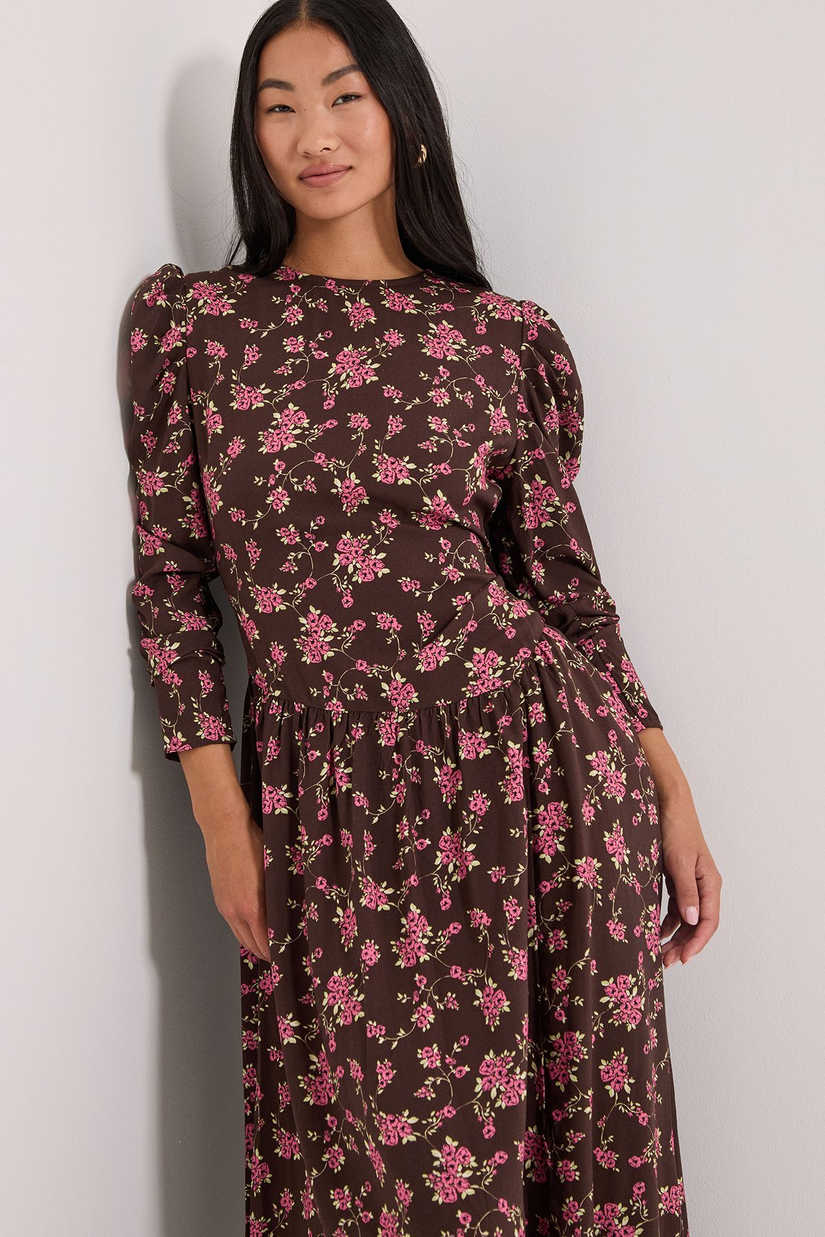 Dorothy Perkins Petite Dropped Waist A-line Midi Dress Chocolate image 4