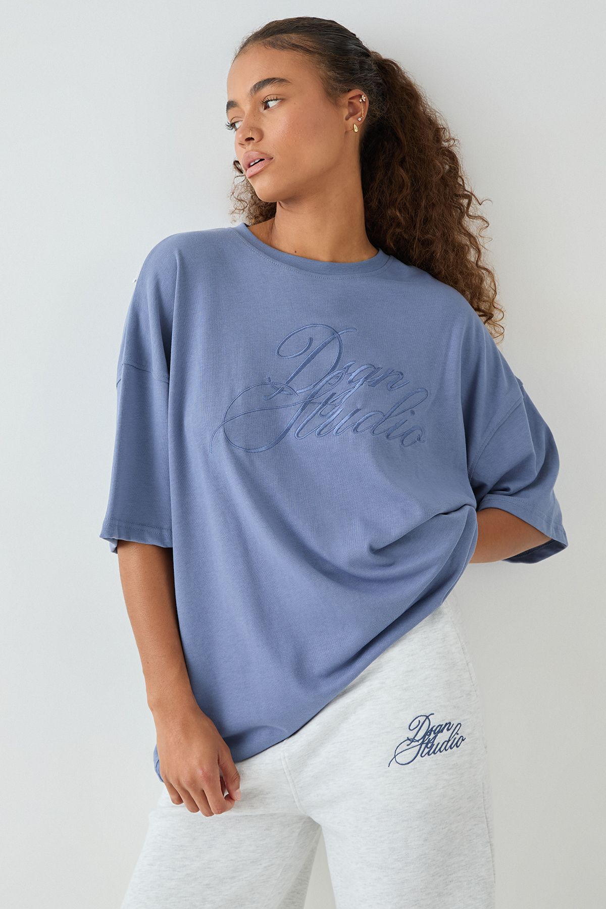DSGN Studio DSGN Studio Script Embroidered Crew Neck Oversized T-Shirt Blue image 4
