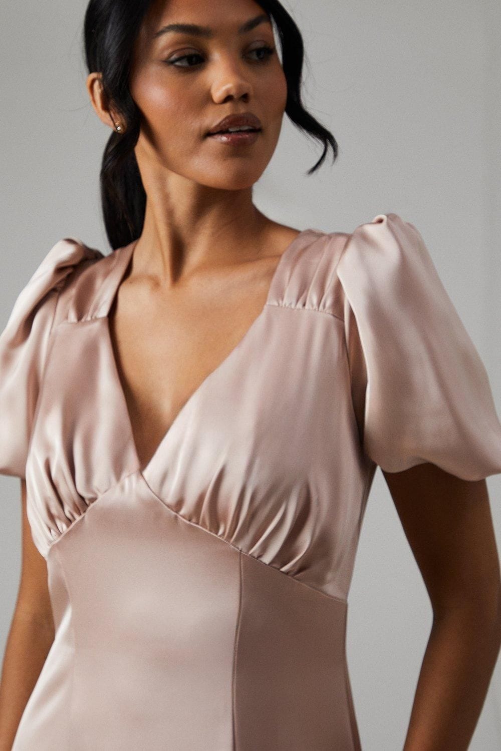 Coast Sweetheart Neckline Puff Sleeve Satin Bridesmaid Maxi Dress Mocha image 2