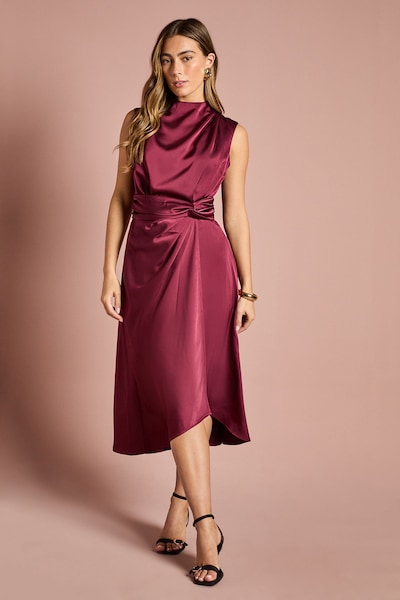 Coast Satin Midi Dress With Twist Waist Berry
