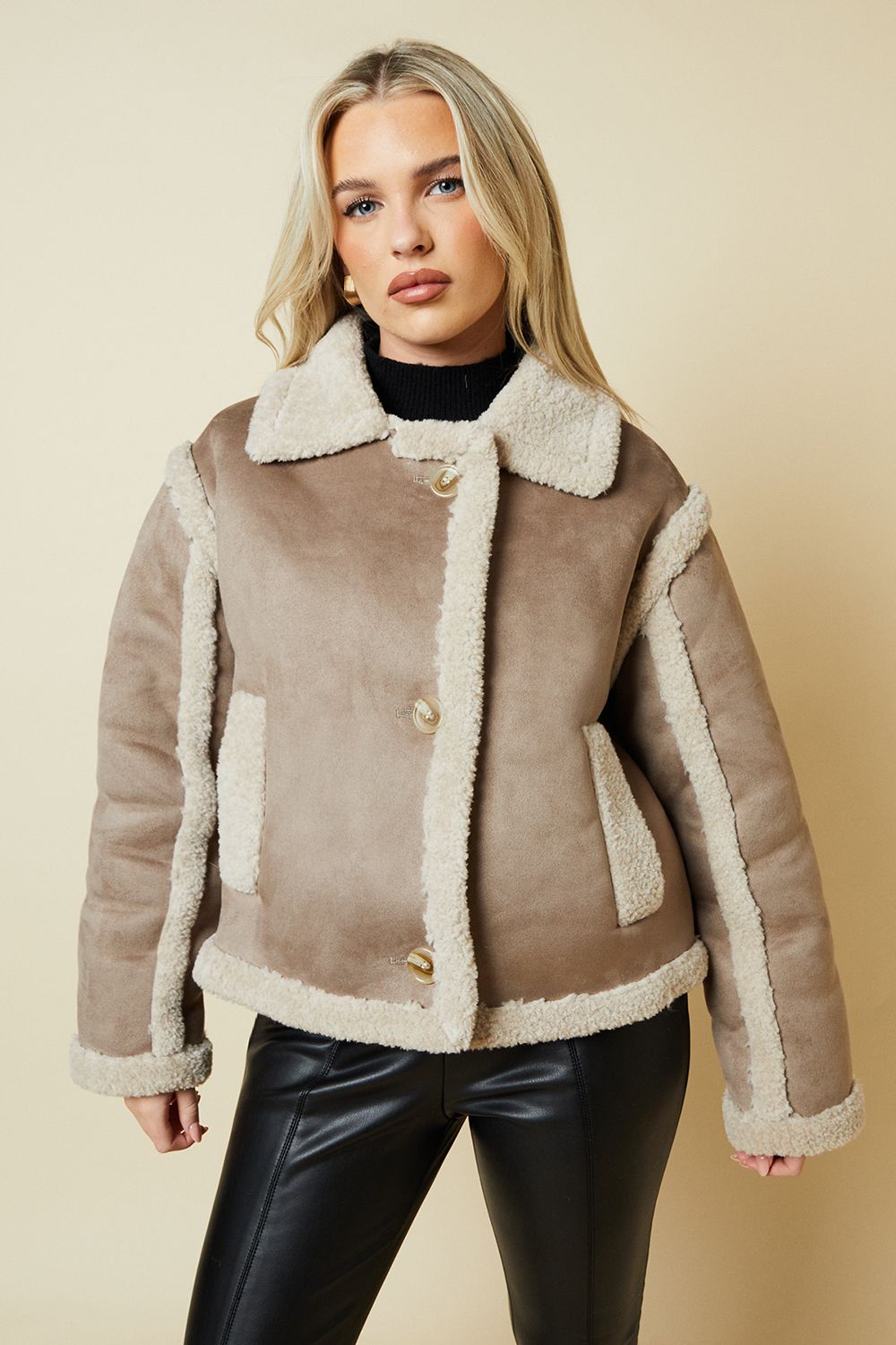 Dorothy Perkins Petite Cropped Aviator Jacket Taupe image 1