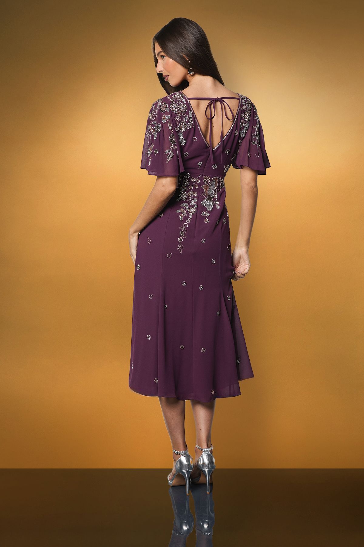 Coast Floral Embellished Flutter Sleeve Midi Dress Wine image 3