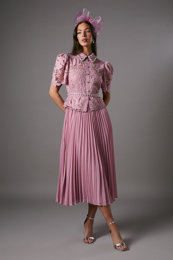 Coast Lace Top Pleat Skirt Jewel Button Dress Pink