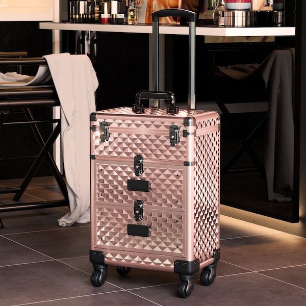 SHEONLY Professional 3-in-1 Rolling Cosmetic Cases Makeup Trolley Nail Luggage Storage Organizer
