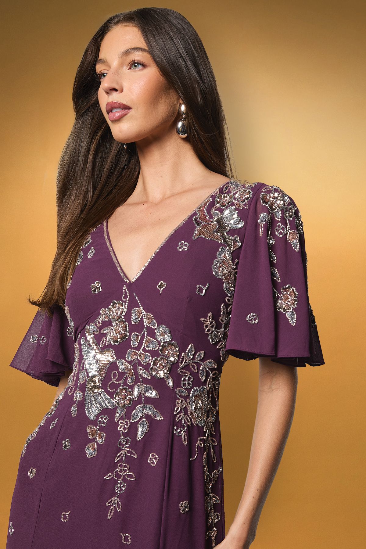 Coast Floral Embellished Flutter Sleeve Midi Dress Wine image 2