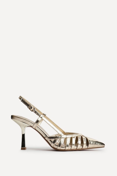 Linzi Alias Gold Faux Leather Cut Out Slingback Court Heels