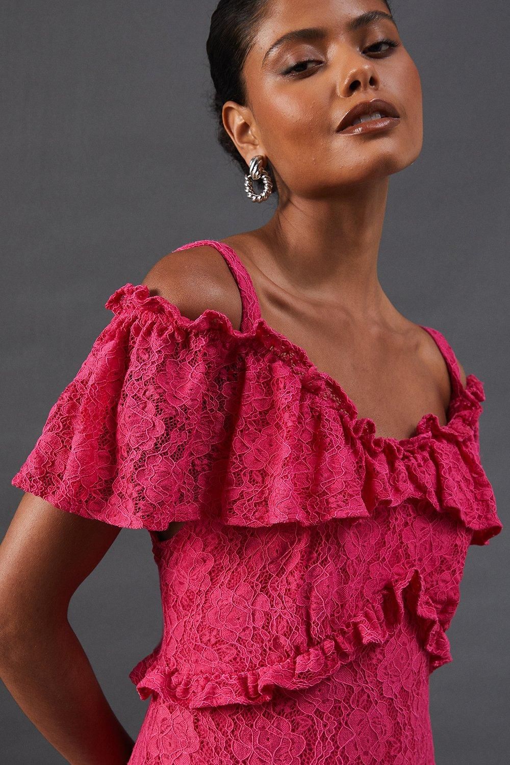 Warehouse Corded Lace Ruffle Fallen Shoulder Midi Dress Pink image 2
