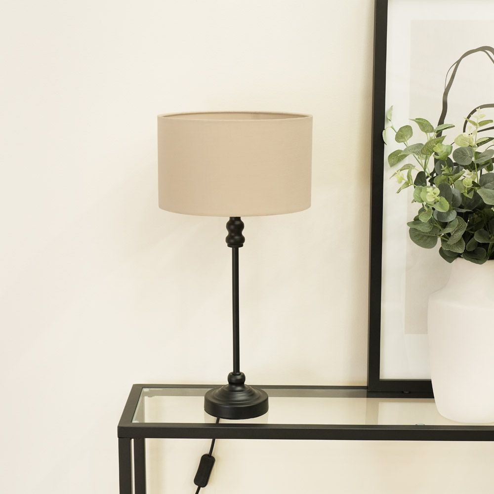 ValueLights Maggie Black Metal Candlestick Table Lamp with Fabric Drum Shade and LED Bulb image 3