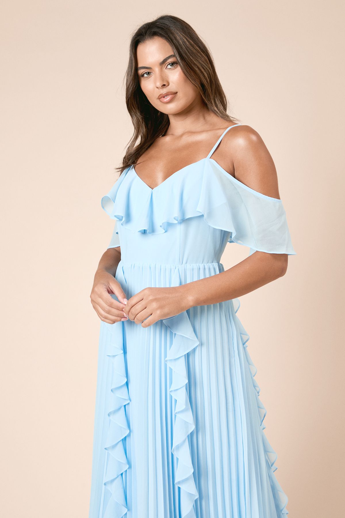 Dorothy Perkins DP Petite Luxe Ruffle Front Cold Shoulder Midi Dress Blue image 2