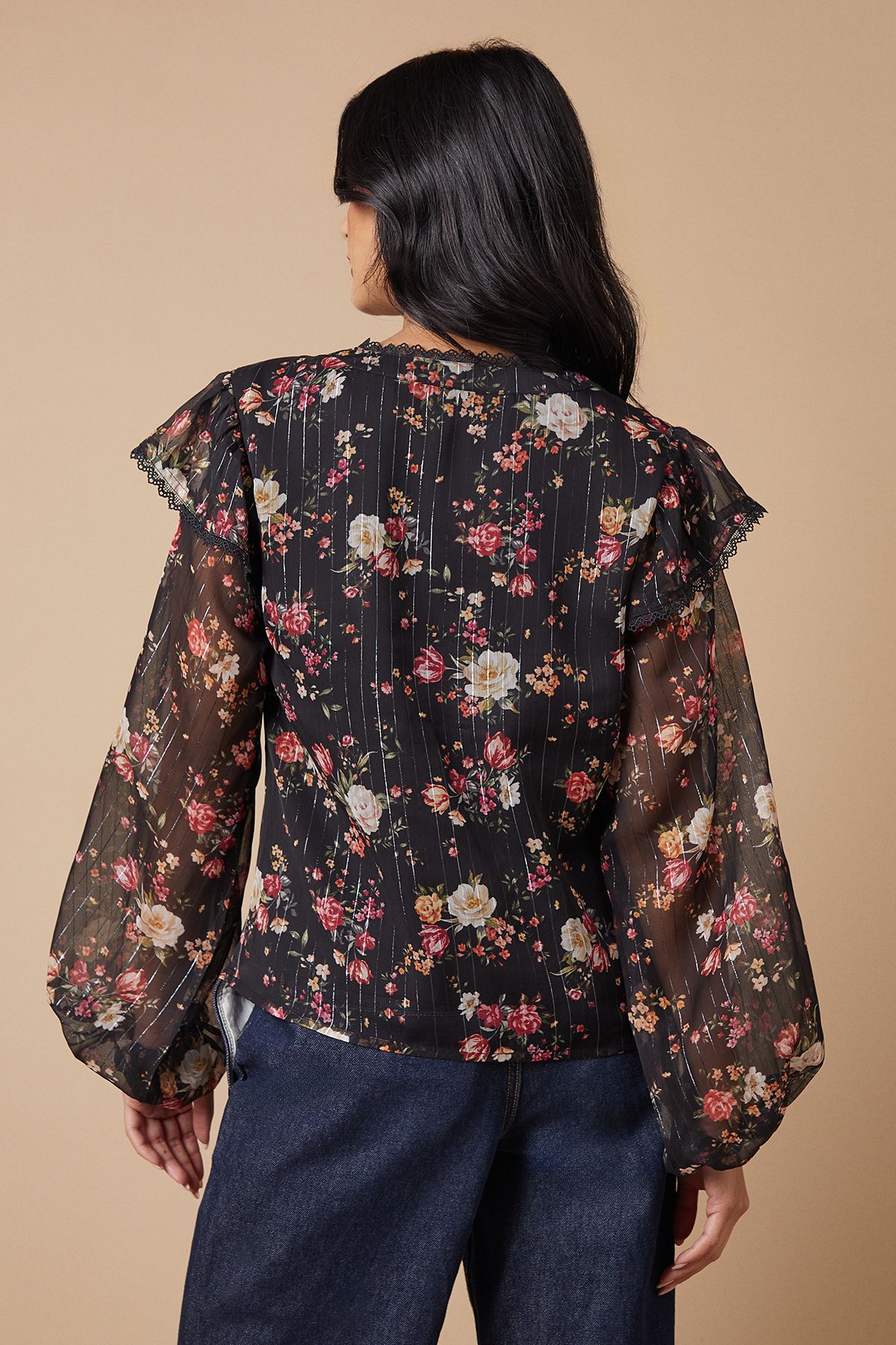 Oasis Floral Metallic Chiffon Lace Trim Ruffle Sleeve Blouse True Black image 4