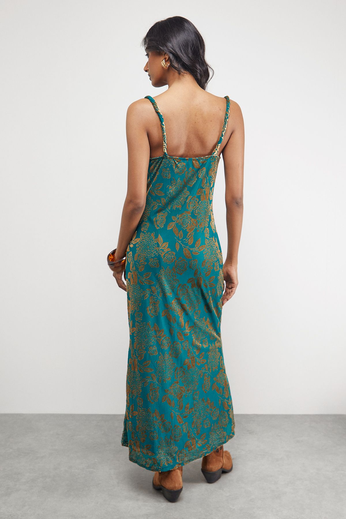 Warehouse Devore Twist Cowl Neck Bias Midi Slip Dress Green image 3