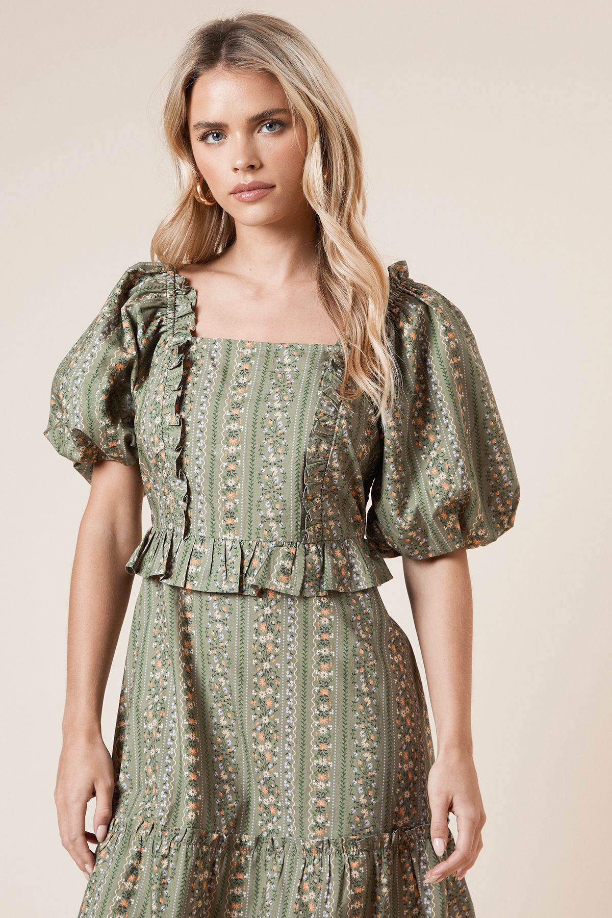 Dorothy Perkins Petite Green Linear Poplin Ruffle Square Neck Midi Dress Green image 2