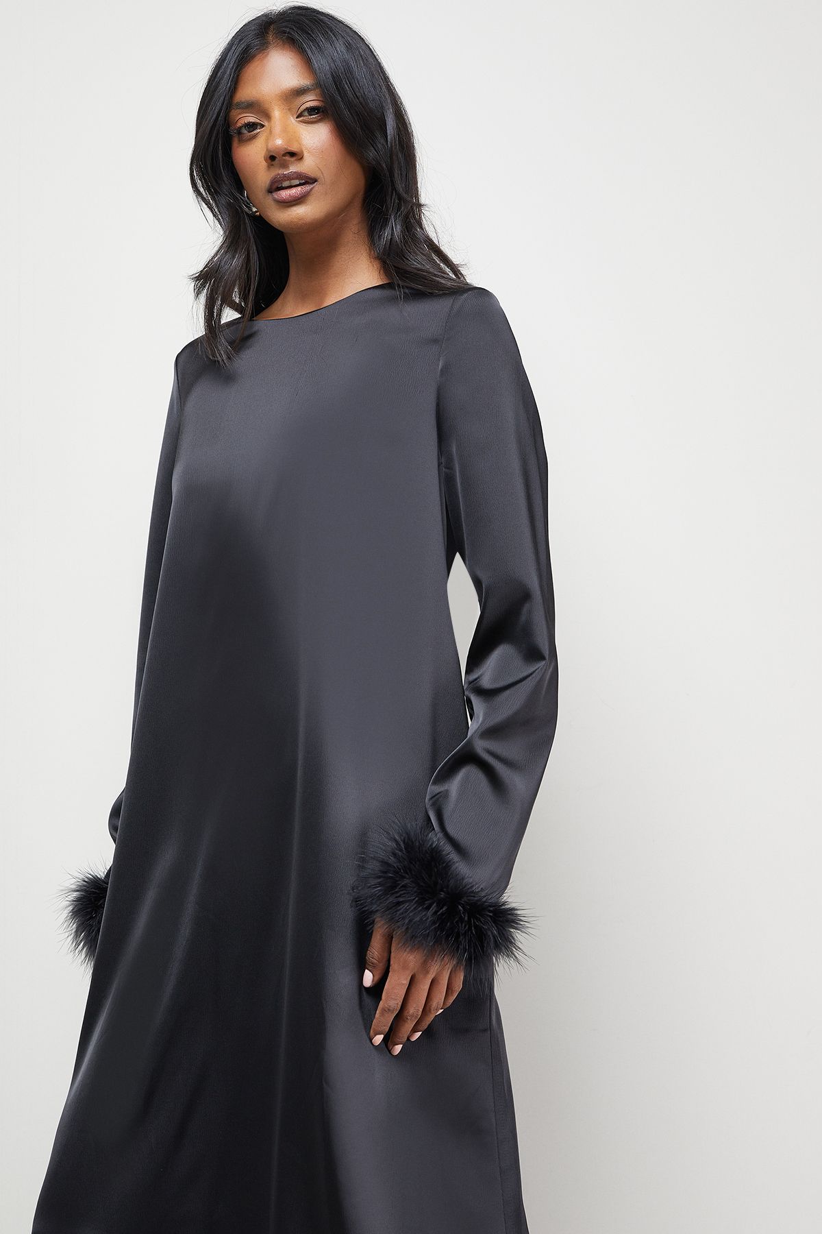 Warehouse Premium Satin Feather High Neck Swing Midi Dress Black image 4