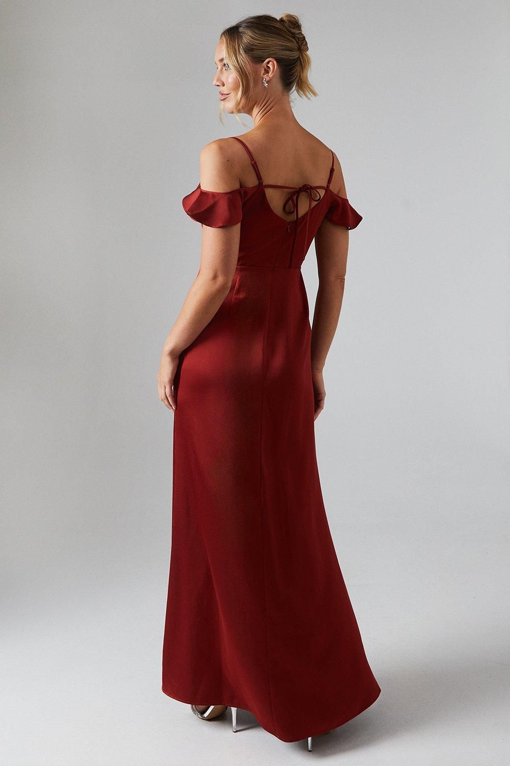 Oasis Cold Shoulder Satin Bridesmaid Midaxi Dress Rust image 3