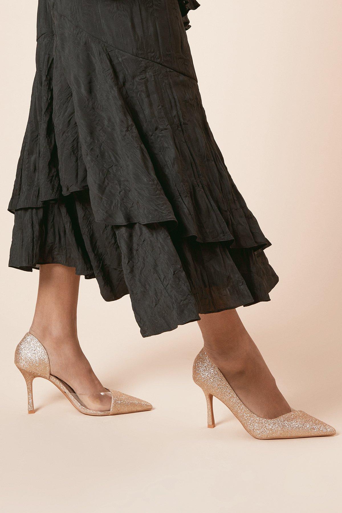 Dorothy Perkins Evronia Glitter Stiletto Heel Court Shoes Gold image 3